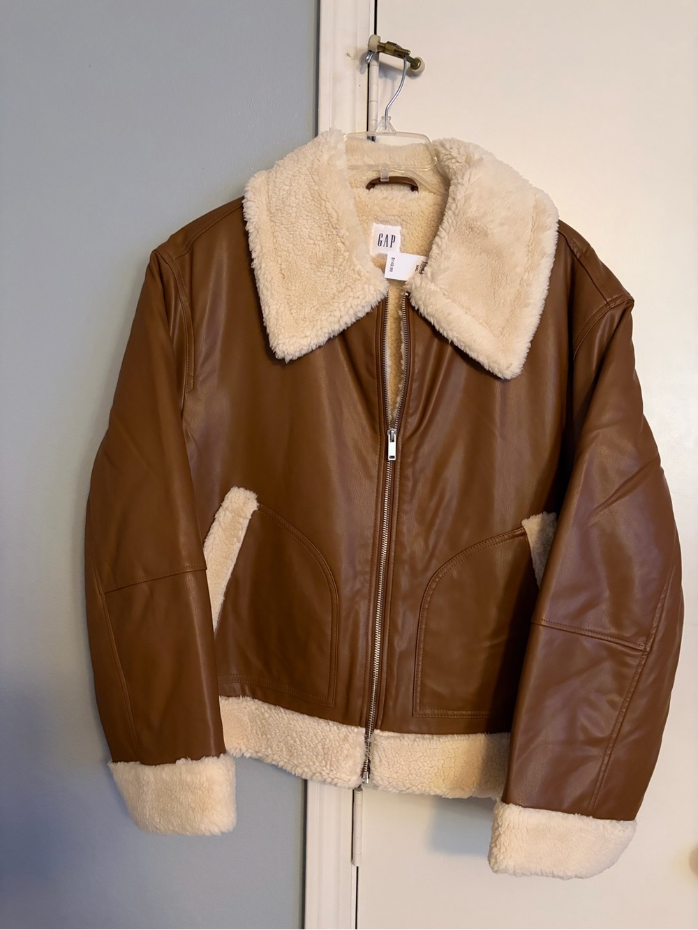 GAP Brown Faux-Leather Teddy Jacket with Cream Sherpa